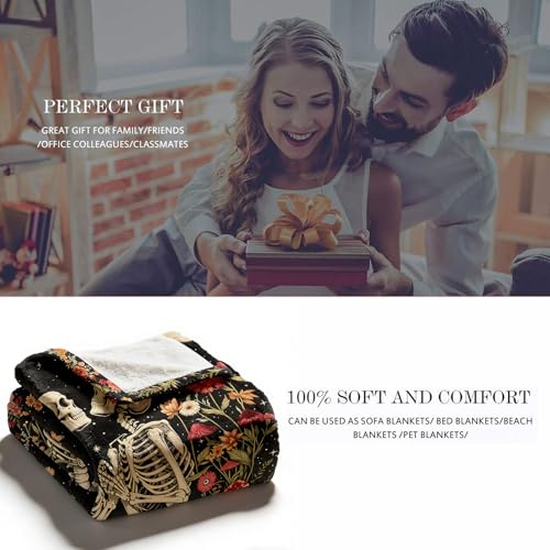 Gothic Moon Skeleton Blanket Gifts for Men Women Kids Romantic Floral Skull Throw Blanket Gifts 50"x60" - color: Black Red