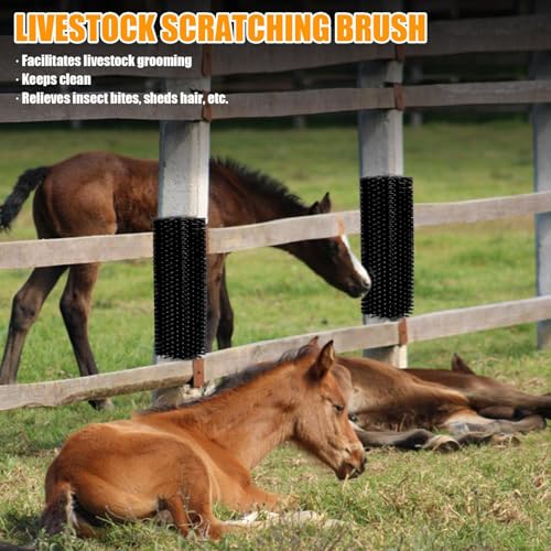 4pc Livestock Scratch Brushes, 20'' x 7.3'' Heavy Duty Cow Scratcher Wall Mount, Flexible Anti-Itch Grooming Tool for Cattle, Goat, Horse Grooming Supplies with Screws and Nuts - color: black