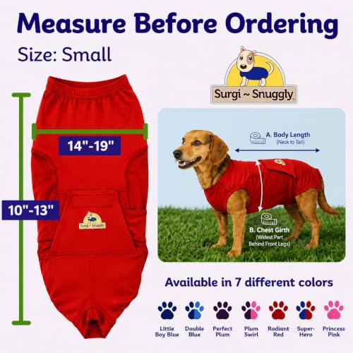 Surgi Snuggly Dog Surgery Recovery Suit, Cone Alternative, Spay/Neuter S | Dog Recovery Suit for Dogs — Veterinarian-Invented Surgical Suit & Recovery Onesie with Easy Bathroom Access After Surgery - color: Radiant Red, size: Small (L-10"-13" | G-14"-19"
