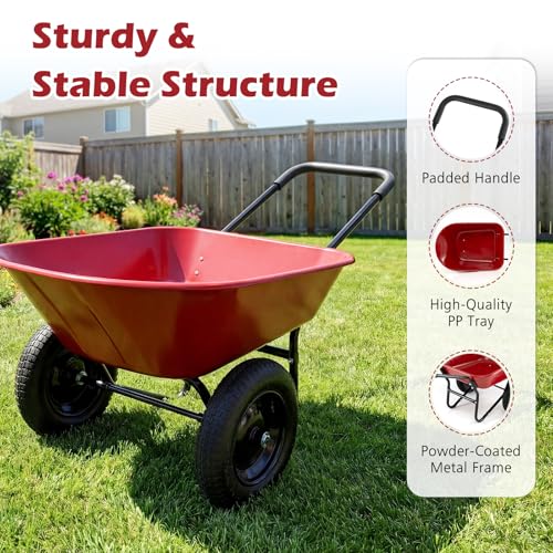 IRONMAX Dual-Wheel Wheelbarrow with All-Terrain Wheels, 220LBS, Red | Heavy Duty Wheel Barrow Gardening Cart, Yard Cart with Built-In Stand for Lawn, Farm & Planting - color: Red