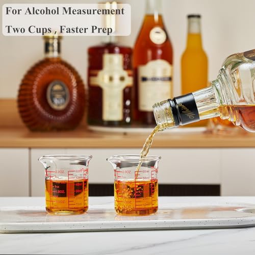 Ackers BORO3.3 2 oz Glass Measuring Cups with V-Shaped Spout, 2 Pack | 5-60 ml range with printed fl oz, tsp, tbsp and cup scales on 3.3 borosilicate glass for kitchen and bar prep - size: 60 ML (2 Oz)-Pack of 2