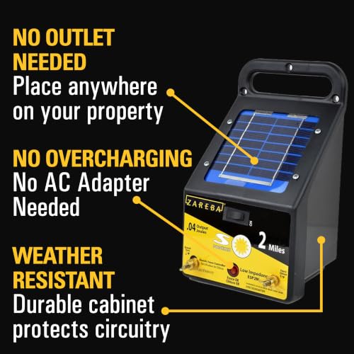 Zareba Solar Powered Low Impedance Electric Fence Charger - 2 Mile Solar Powered Electric Fence Energizer, Contain Small Animals and Keep Out Predators - ESP2M-Z