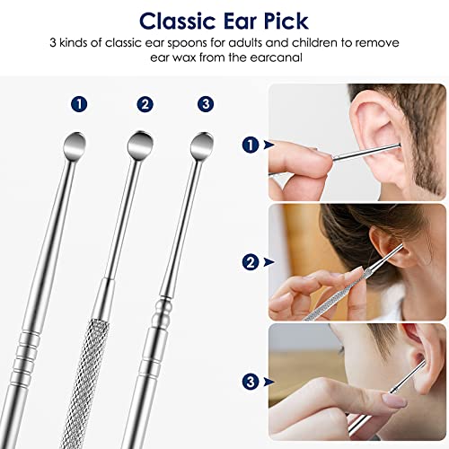 Ear Wax Removal Kit Ear Wax Cleaner Ear Wax Remover Silver | 6 Pcs Ear Cleaner Stainless Steel Ear Cleaning Kit Spoon and Curette for Adults Reuse Daily Home and Travel Use - color: Silver