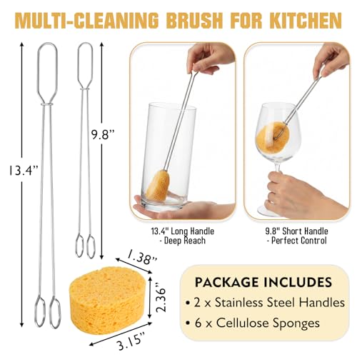 Cellulose Sponge Bottle Brush Set with Long & Short Handles, Non-Scratch Washing Cleaner for Wine Coffee Mug Glass Dishes with 6 Replacement Sponges - style: 2 Handles & 6 Sponges