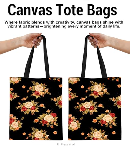 Aesthetic Floral Canvas Tote Bag - Reusable Shoulder Tote Bag for Women Lady Casual Vacation, Shopping, Work, Gym - color: Floral Rose