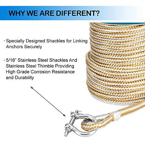 MARINE SYSTEM Made 3/8 Inch 100FT 150FT Gold/White Nylon Anchor Line Double Braided Anchor Rope/Line with Thimble (3/8" x 150') - color: 3/8"x150' Gold/White