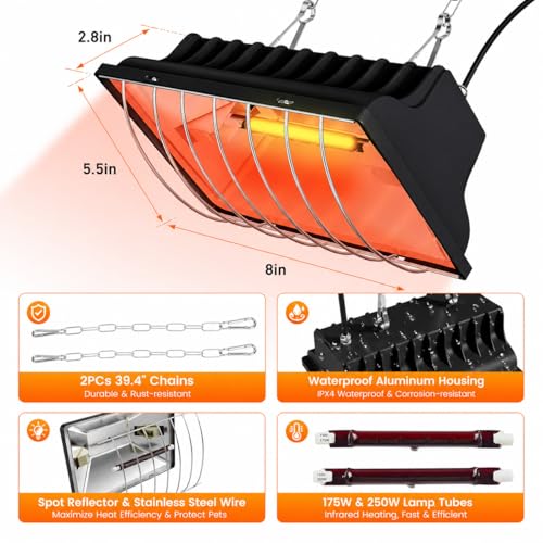 Chicken Brooder Heater for Chicks, Chick Brooder Heat Lamp with 250W & 175W Heating Bulbs, 4 Adjustable Heat Levels for Baby Chicks, Quail, Ducklings & Poultry Brooding