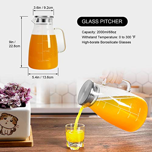 Aofmee Glass Pitcher with Lid and Handle, Glass Water Pitchers, 2 Liter | Thickened Borosilicate Glass Iced Tea Pitcher, Drip-free Spout, Heat Resistant, Stovetop Dishwasher Safe Jug Jar - size: 68oz