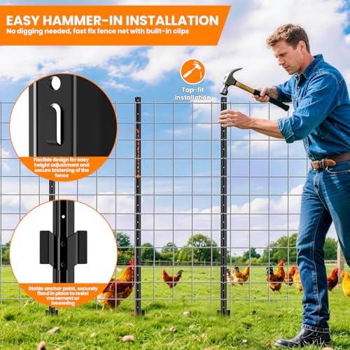 11 Pack Metal Fence Posts,7 FT Garden Fence Post,T Post for Wire Fence, No Dig Steel U Post Fencing，Black Garden Stakes for Temporary Fencing, Electric Fence Wire, Corner Anchor - size: 7ft-11PCS
