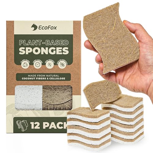 Plant-Based Kitchen Sponges (12 Pack) | USDA Biobased Certified | FSC & PETA Approved | Natural Cellulose & Coconut Scrubber Sponge | S-Shaped Design | Eco-Friendly, Non-Scratch, Non-Toxic & Vegan - size: 12 Pack