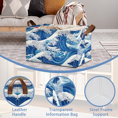 Ocean Wave Storage Baskets,Japanese Foldable Organizer Bin with Handles for Home Living Room Bedroom Closet Box 17x11.5x10Inch - color: Ocean Wave Japanese