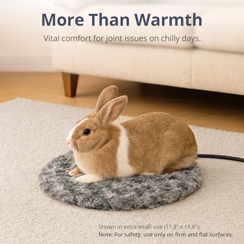 Adjustable Temperature Cat Heating Pad, 11.8"x11.8", 30W, Light Gray | 6 Heat Settings, 4 Timer Options, Chew-Resistant Cord, Rosebud Fabric Surface, Ideal for Small Cats & Rabbits - size: XS – Round 11.8"