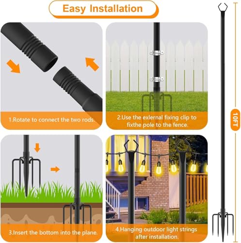LETIANPAI 10Ft String Light Poles 6 Pack,Light Poles for Outside Lights,Outdoor with Fence Brackets Hanging Lights,Metal Stand Deck Patio Backyard - size: 6 Pack 10FT