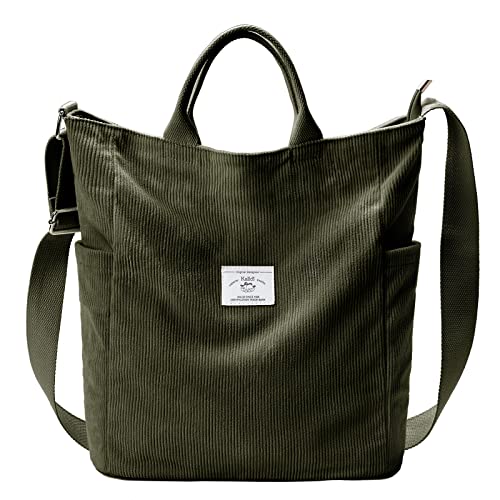 KALIDI Corduroy Tote Bag, Large Slouchy Hobo Messenger Crossbody Bag | Anti Splash Zipper Side Pockets Shoulder Bag Adjustable Strap Lightweight Casual Work Shopping Women - color: Army Green