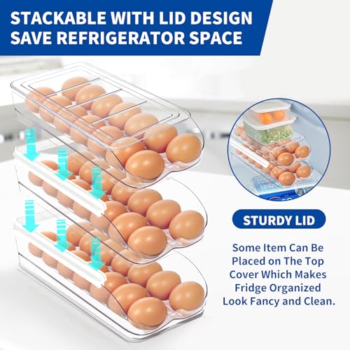 MesRosa Egg Holder for Fridge, Automatic Rolling Egg Organizer -3 Layer | Stackable Clear Egg Container & Tray for Refrigerator, Durable Dispenser and Storage with Sturdy Lid to Saving Space - size: 3 Layer Holder 42 Eggs