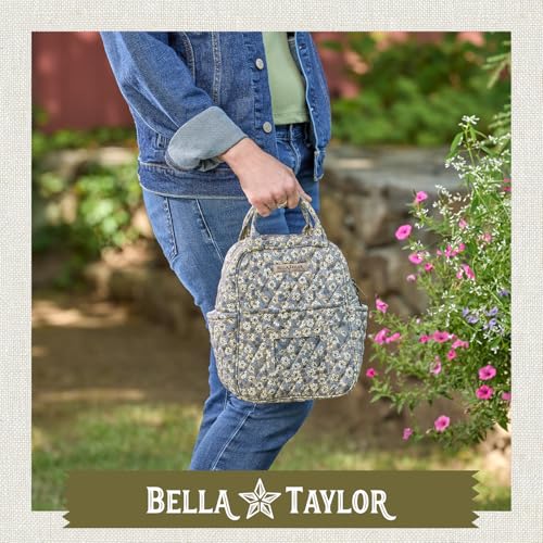 Bella Taylor Lunch Tote, Quilted Lunch Bag, Khaki Floral | Lightweight quilted cotton lunch box, easy-to-clean PEVA lining, 3 outside/1 inside pocket, durable construction - color: Khaki Floral