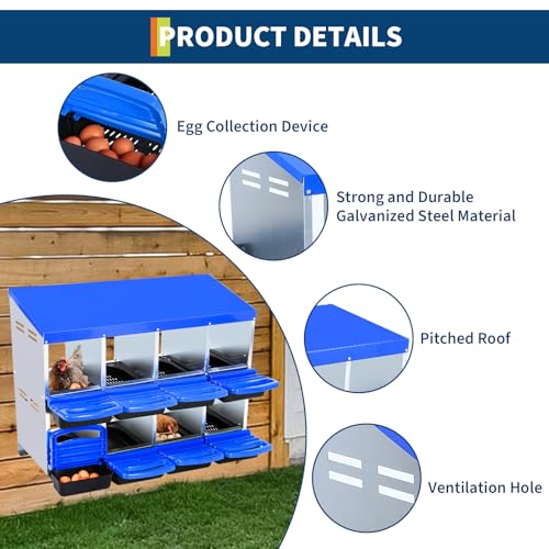 Chicken Nesting Box, Nesting Boxes for Chickens, 8 Compartments Chicken Laying Boxes with Lid Cover, Roll Away Nesting Box for Chickens Laying Egg to Protect Eggs, Blue