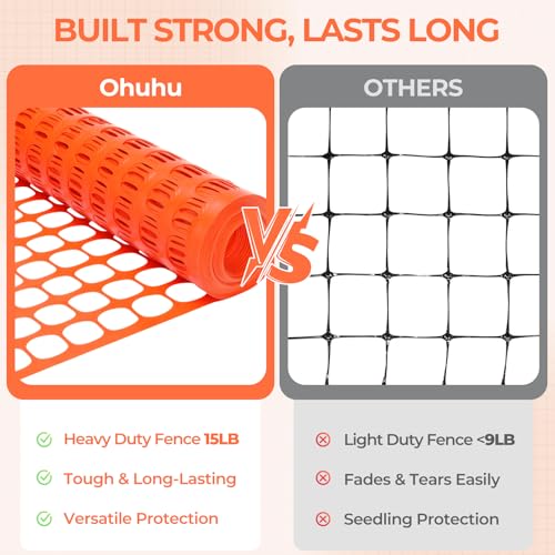 Ohuhu 4'×100'/15 LB Ultra Thick Plastic Mesh Safety Fence, Orange | Reusable HDPE Construction Barrier Netting, Heavy Duty Temporary Netting for Snow Fence Pool Animal Barrier for Poultry Deer - color: Orange, size: 4' x 100' (15 lb/roll)
