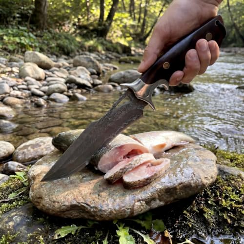 Damascus Hunting Knife 10.4" Fixed Blade VG10 Leather Sheath | 513-layer hand-forged bowie construction with ergonomic rosewood handle for outdoor camping and survival - style: Damascus Steel-2