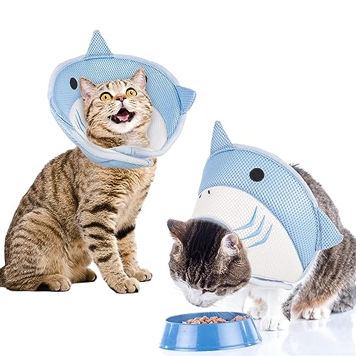 Friusate Cat Recovery Collar Cat Cone to Stop Licking After Surgery | Soft, Adjustable, Breathable, Lightweight Cat Cone - color: Blue Shark, size: S