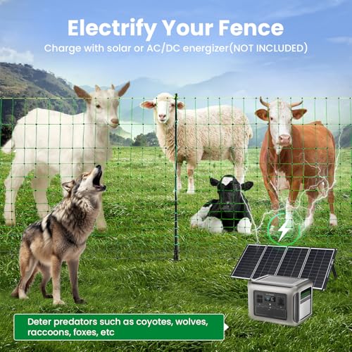 Electric Fence Netting, 49.6" H x 164'L Portable Livestock Nets for Cattle | Sheep, Goat, Hogs, Larger Animals, Electric Fencing with 14 Pre-Assembled Double-Spiked Posts for Backyards, Ranches, Farms