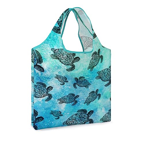 WIRESTER Reusable Grocery Tote Bag for Women, Foldable Shopping Bag, Cute Shoulder Bag, Beach Bag - color: Ocean Sea Turtles
