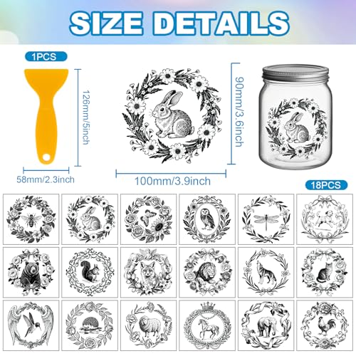 GLOBLELAND 18 Sheets Animals Flower Wreath Transfer Stickers 3.9x3.6inch | Insect Silhouette, Rub on Transfer Decal, UV DTF Cup Wraps, For Furniture Vase Glass Mason Jar Art Crafts - style: Wreath Animals