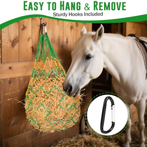 2Pcs Hay Bags for Horses, 40" Hay Nets for Horses with 2 Hooks & 2 Gloves, Durable Hanging Hay Feeder Net for Goat Horse, Strong Load-Bearing Slow Feed Hay Net for Horse Trailer