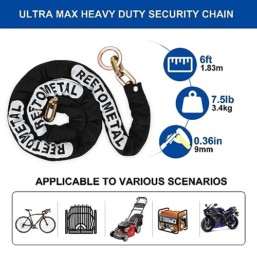 Heavy Duty Security Chain, 6 Foot x 3/8" Thick | Hardened Steel, Cut Proof, Anti-Theft Lock Chain, For Motorcycles, Bicycles, ATVs, Trailers, Containers - size: 6ft chain without lock