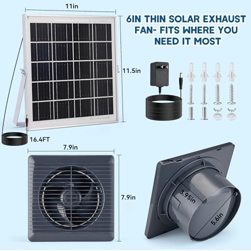 Solar Exhaust Fan with 25W Solar Panel, 6" Solar Powered Vent Fan for Chicken Coop, Greenhouse & Shed, 385 CFM Ventilation Fan with Anti-Backflow Valve, Quiet Brushless Outdoor Cooling - size: 6inch