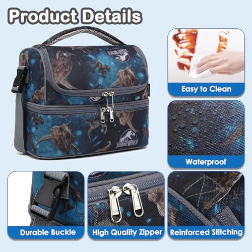 FlowFly Double Decker Cooler Insulated Lunch Bag Large Tote for Boys, Girls, Men, Women, With Adjustable Strap, MyDinosaur - color: MyDinosa