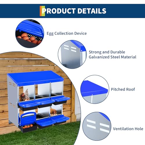 Chicken Nesting Box, Nesting Boxes for Chickens, 6 Compartments Chicken Laying Boxes with Lid Cover, Roll Away Nesting Box for Chickens Laying Egg to Protect Eggs, Blue