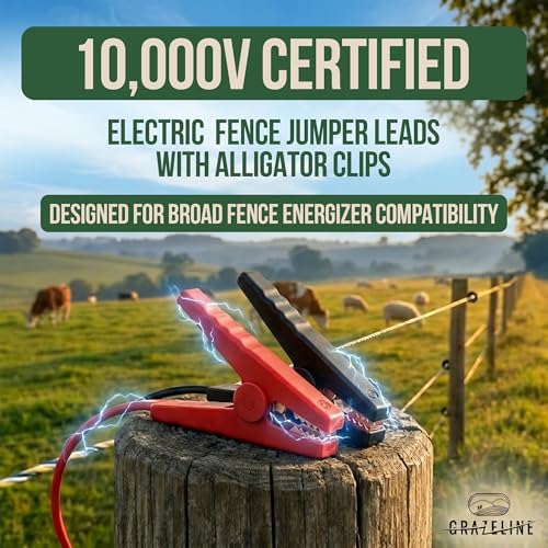 Electric Fence Jumper Leads with Alligator Clips, 6.6ft, 10,000V - 1 Set | Tinned Copper Wire Connectors with Premium TPU Insulated Cables for Fence Energizer and Solar Charger - with Grounding Rod - size: 1 Set (Red + Black Leads) + 1 Grounding Rod