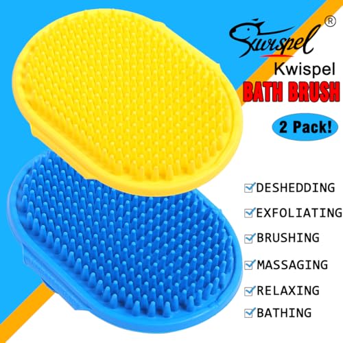 Dog Grooming Brush, Pet Shampoo Bath Brush Dog Grooming Shedding Brush Soothing Massage Rubber Comb with Adjustable Ring Handle for Long Short Haired Dogs and Cats 2pcs - color: Blue & Green