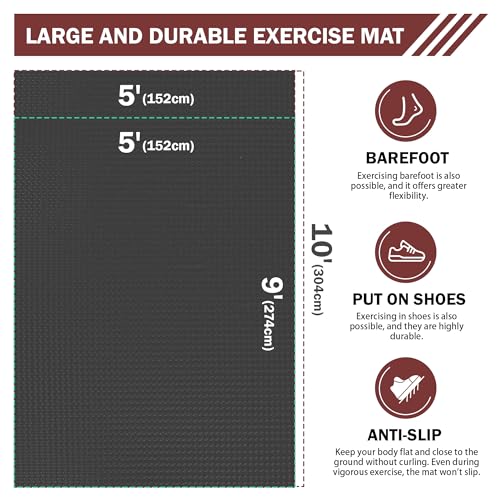 Stepwaver Extra Large Exercise Mat, 6'x4'/ 7'x5'/ 8'x5'/ 9'x5'/10'x5' (6mm) | Non-Slip, Ultra Durable, Shoes-Friendly, High-Density, Thick Workout Mat for Home Gym, Cardio, Jump Rope, MMA, Weights - size: 9'×5'×0.25"
