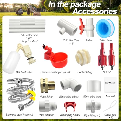 Automatic Chicken Waterer System Kit with Chicken Water Cups Nipples Float Valve Pipeline 58 PCS Complete Set Chicken Water Feeder Dispenser Large Chicken Watering System PVC Poultry Waterer Drinker