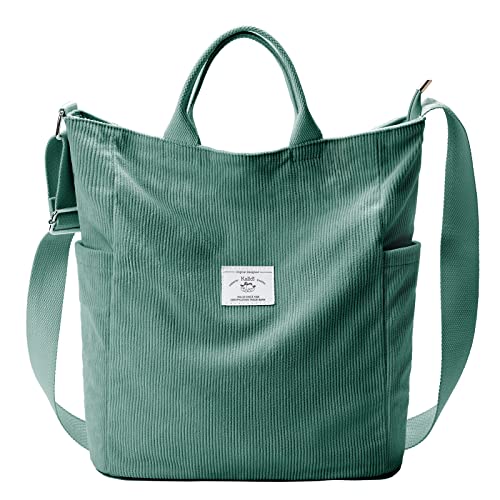 KALIDI Corduroy Tote Bag, Large Slouchy Hobo Messenger Crossbody Bag | Anti Splash Zipper Side Pockets Shoulder Bag Adjustable Strap Lightweight Casual Work Shopping Women - color: Green