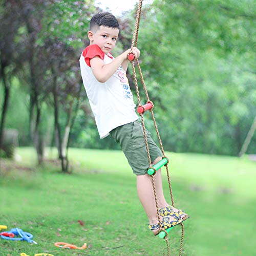 Rainbow Craft 6.6FT Ninja Rope Ladder, PP Material, Kids Obstacle Course | 220lbs Capacity, Ages 3-12, Portable with Hooks, Fits Swing Sets & Slacklines, Backyard Ninja Warrior Training