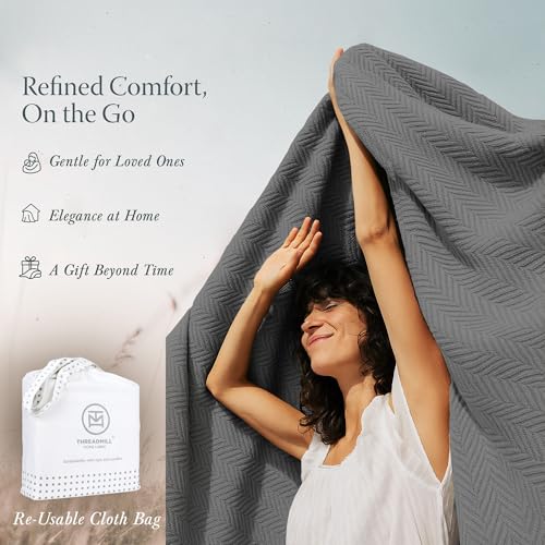 Threadmill Luxury 100% Cotton Twin Herringbone Blanket, Dark Grey | All-Season Thermal Throw Blanket, Soft & Breathable, Cozy Moisture-Wicking, OEKO-TEX Certified, Machine Washable, 68x92 in - color: Dark Grey, size: Twin (68" x 92")