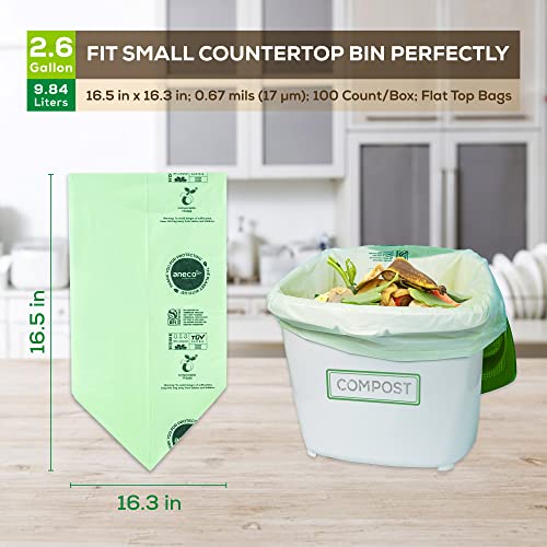 ANECO 100% Compostable Waste Bags 2.6 Gallon (Flat Top Bags, 50 Count) | Extra Strong Kitchen Small Compost Bags for Countertop Bin (BPI & OK Compost HOME Certified) - color: 2.6 GAL (Flat Top Bags, 50 Count)