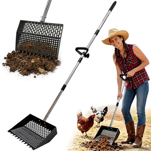 12Inch Chicken Poop Scooper 2-in-1 Coop Scoop with Adjustable Stainless Steel Handle (24-64'') Chicken Coop Rake Sand Sifting Chicken Coop Shovel for Farm Livestock Cleaning Tool