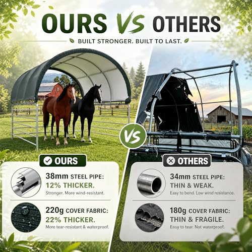 Polar Aurora 12'x12' Corral Shelter, Heavy Duty Round Style Canopy, Waterproof and UV Treated Canvas Cover, Easy Assembly Stable and Agricultural Storage and Shade Shed Kit for Livestock, Green - size: 12x12 FT