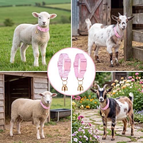 2 Pack Goat Collars with Bells Pink Bow Pattern Cute Sheep Grazing Copper Bells and Adjustable Nylon Collar Set Loud Bronze Bell Small Farm Animal Sheep Cow Accessories Supplies - style: Bow