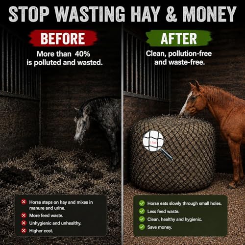 5x5 ft Round Bale Hay Net for Horses & Goats, 1.5" Holes Slow Feeder Hay Nets with Hay Net Repair Tool - size: 5*5*5 FT