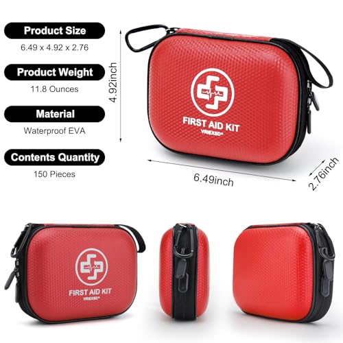 Mini First Aid Kit - 150 Piece Small Waterproof Hard Shell Medical Kit | Compact First Aid Kit with Comprehensive Supplies for Home, Car, Travel, Camping, Truck, Hiking, Sports, Office, Outdoor(Red) - color: Red