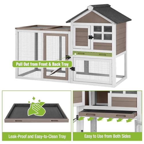 GUTINNEEN Large Rabbit Hutch Indoor 2-Level Wooden Chicken Coop Outdoor Bunny Guinea Pig Cage with Run, Chew-Proof Ramp, Leak-Proof Pull Out Tray, Lockable Doors for Small Animals (Brown & White) - color: Light Brown