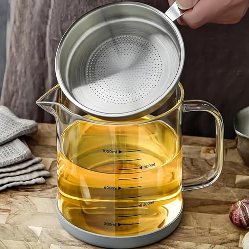 34oz Glass Oil Strainer Container with Fine Mesh Strainer for Bacon Grease, Nut Milk, Soy Milk, Tea Residues and All Purpose Straining (1L)