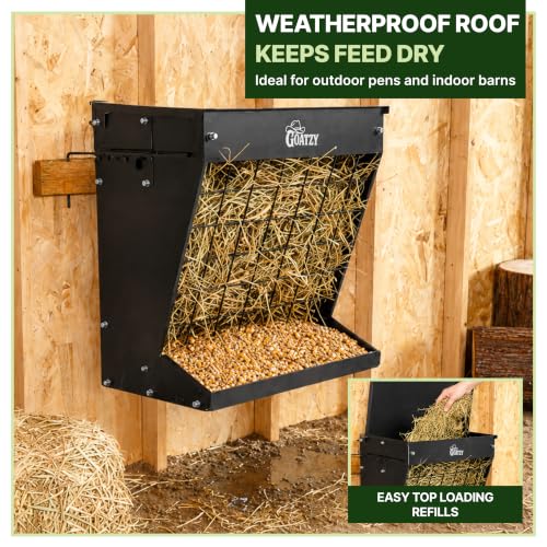 Wall Mount Hay Rack And Hay Feeder For Goats Sheep And Horses, Covered Galvanized Steel Goat Hay Feeder With Hinged Roof, 25 Gallon 2-In-1 No Waste Hanging Holder Grain Bin with hook For Cattle - color: Black