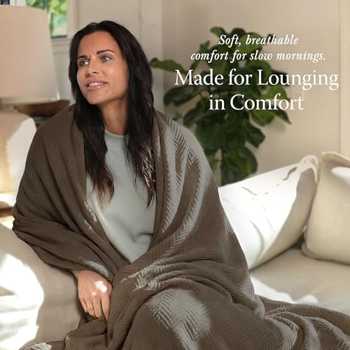 Threadmill Luxury 100% Cotton Queen Herringbone Blanket, Espresso | All-Season Thermal Blanket, Soft & Breathable, Cozy Moisture-Wicking, OEKO-TEX Certified, Machine Washable, 90x92 in - color: Espresso, size: Queen (90" x 92")