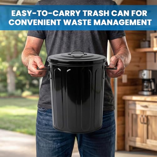 Plexon 5 Gallon Small Metal Trash Can with Lid Outdoor Galvanized Steel Bucket with Lid 5 Gal Storage Can for Dog Food Bird Seed Storage Container, Black - color: Black